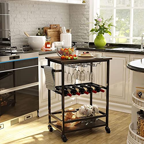 Newbaigo Bar Cart For Home, Kitchen Serving Cart With Wheels, Glass Stemware Rack And Wine Bottle Holders, Rustic Mobile Kitchen Bar Serving Cart Industrial Vintage Style Wood Metal Serving Trolley #TOP1