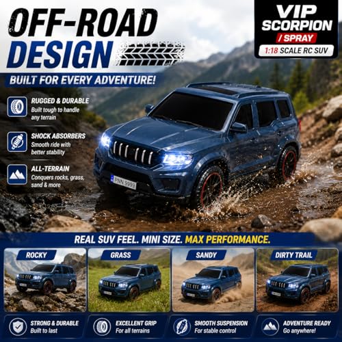 Image of The Flyers Bay 1:18 Scale Scorpio-Style Remote Control SUV Car for Kids | 2.4GHz Long Range Remote, Spray Mist Effect, Police Lights & Siren, Rechargeable Battery (Blue)