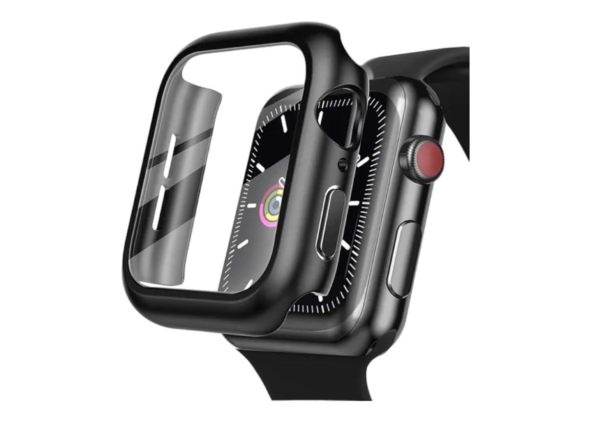45MM Hard PC Watch Case with Tempered Glass Screen Protector Compatible with Apple Watch Series 8,7, 6, 5, 4 Black [Pack of 1]