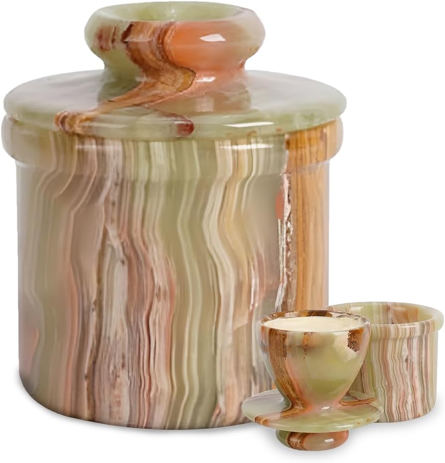 Handcrafted Round Marble Butter Keeper | Elegant Onyx Green French Butter Dish | Ideal Kitchen Storage for Soft Butter | Classic Breakfast Companion (Regular Size) (Marble)