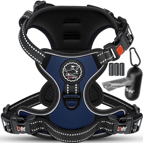 LOVPET® Hundegeschirr ohne Zug & Würgen für kleine Hunde & Welpen atmungsaktiv & weich Brustgeschirr reflektierend | No-Pull-Geschirr inkl.Beutelrollen | Verstellbares Geschirr mit Griff Navyblau - M