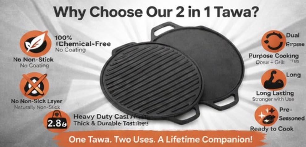 Image of Dosa Tawa & Grill Cast Iron 2-in-1 | Double-Sided Tawa /Pan for Roti, Dosa, Chapati, Fish & Steak | Naturally Nonstick, Gas & Induction Cookware | Reversible Cooking