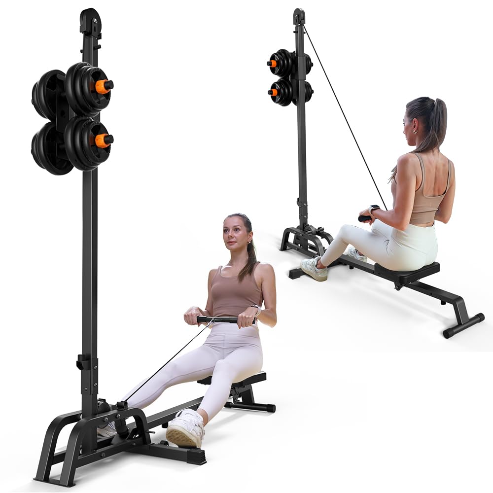 ONETWOFIT Foldable Rowing Machine & LAT Pull Down Machine 2 in 1 Multi-function Compact Rowing Machine for Home, Low Row Cable Fitness with Flat Weight Bench