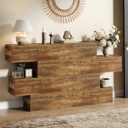 Image of knoworld 63-inches Console Table for Entryway, Farmhouse Entry Table with 4-Tier Storage Shelves, Wooden Sofa Table Behind Couch, Rustic Foyer Table Hallway Table for Living Room, Unique Design