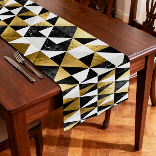 Image of Nuxovilar Gold Triangle Table Runner Flax 13x72 in | Holiday Runner Flax Placemats Dining Accessories Set Formal Dinner Event Room (Black Gold White Triangle)