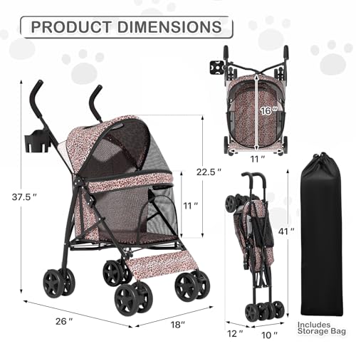 Image of MoNiBloom 4 Wheels Pet Stroller, Easy-Fold Umbrella Shaped Dog Cat Jogger Stroller w /Storage Bag & Visible Mesh for Small /Medium Dogs Cats Leopard Print