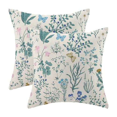 Image of AEIOAE Spring Pillow Covers 24x24 Inch Set of 2,Blue Teal Wild Flower Plant Throw Pillows Case,Seasonal Floral Outdoor Decorative Square Linen Farmhouse Decor Cushion Covers for Home Sofa Bed Couch