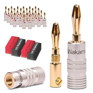 UC-Express 28x hoogwaardige Nakamichi banaanstekkers met krimpkous voor kabels tot 6 mm², 24K-verguld, geen plastic, soldeer- of schroefbaar, in zwart en rood