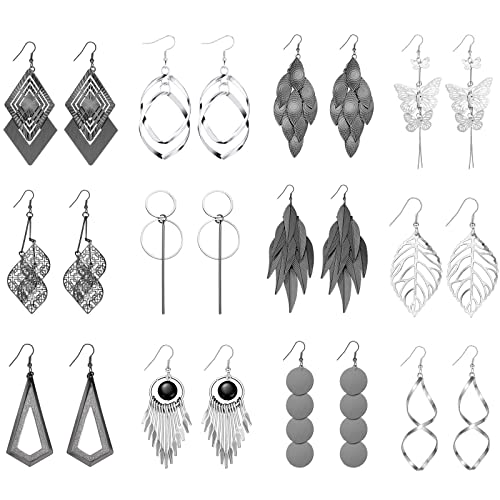 12 Pairs Drop Dangle Earrings Bohemian Long Earrings Vintage Statement Jewelry Holiday Gift for Women(Silver, Black)