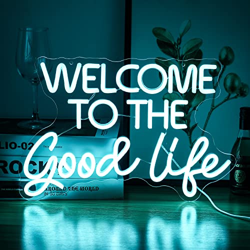 Welcome To The Good Life Neon Sign Letter LED Neon Lights Dimmable USB Powered 16.5’’X11’’Cool Wall Decorative Light Bedroom Kids Room Birthday Party Bar Decoration Gifts for Friend?Ice blue?