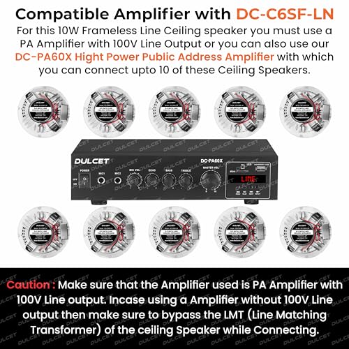 Image of Dulcet DC-CS6F-LN 6.5 inch 10W Full Range 8ohms Frameless Line Ceiling Speaker with dedicated 100V Constant Supply input & Line Matching Transformer specifically for PA Amplifier with 100V line output