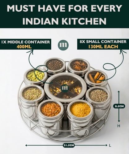 Image of MARU Steel 12-in-1 Spice Box For Kitchen, Durable Masala Dani with Middle Partition Container & See- Through Lids, Stylish Anjarai Petti, Elegant Kitchen Storage Masala box (12IN1 WIRESTAND)