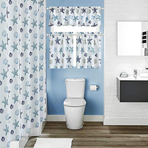 OREMILA Tier Curtains for Kitchen Windows Starfish café Curtains, 1 Pair 27" x 24" Multi-Color Seashell Conch Printed Half Window Curtain Set for Bathroom Rod Pocket, Blue - Image 7
