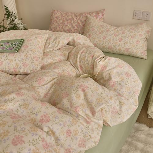 Image of VM VOUGEMARKET Flower Duvet Cover Twin Sage Green Teen Girls Cotton Duvet Cover with Zipper Ties Chic Rust Floral Bedding Set Without Comforter -Green,Twin