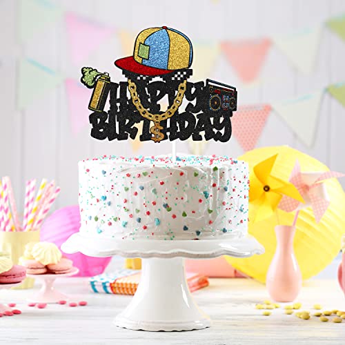 Hip Hop Graffiti Happy Birthday Cake Topper - 80'S 90'S Decade Throwback Birthday Glitter Gold Chain Cake Topper - Retro 1980S 1990S Music Rocks Punk Party Decoration #TOP6