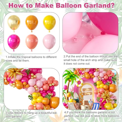 Image of 152Pcs Tropical Balloon Arch Garland Kit, Sunset Hot Pink Orange Coral Red Yellow Metallic Gold with Foil Star Balloons for Hawaiian Luau Birthday Graduation Party Decorations