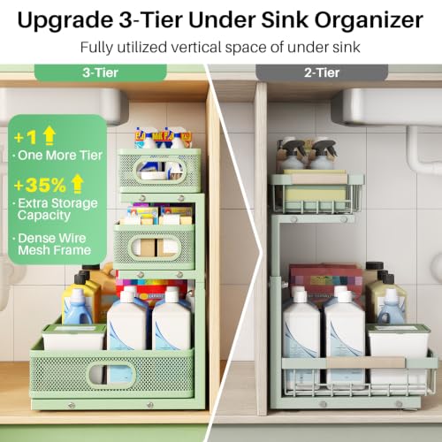 Image of Kitstorack Under Sink Organizer, 1-Pack 3-Tier Height Adjustable Thickened Metal Pull out Cabinet Organizer Shelf, Slide out Storage Drawer Rack for Bathroom Kitchen Pantry Home Organization, Green