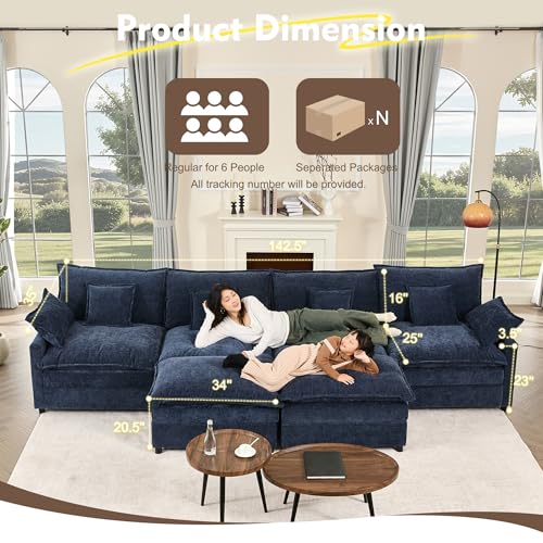 142.5" U Shaped Couch, Modular Sectional Sofa, 3-Seater Comfy Cloud Couch with Movable Ottoman, Deep Seat Couches for Living Room, Chenille, Navy