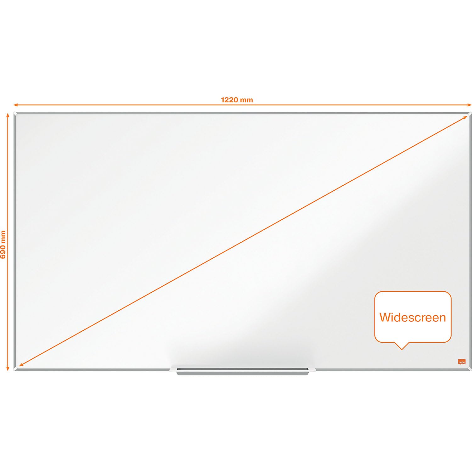 Nobo Panoramiczna emaliowana tablica magnetyczna z tacą na długopisy, 1220 x 690 mm, wąska ramka, system montażowy InvisaMount, Impression Pro, 122 x 69 cm, biała, 1915250
