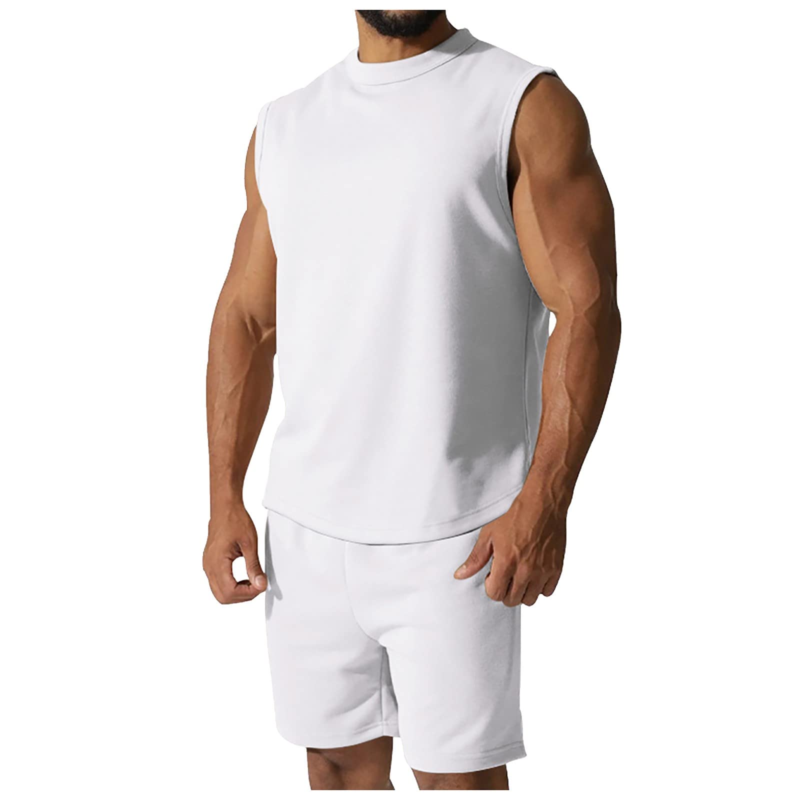 GIANTHONG Mens Casual Linen Drawstring 2 Piece Outfits Beach Hawaii Sleeveless Shirt Cotton Athletic Shorts Set with Pocket