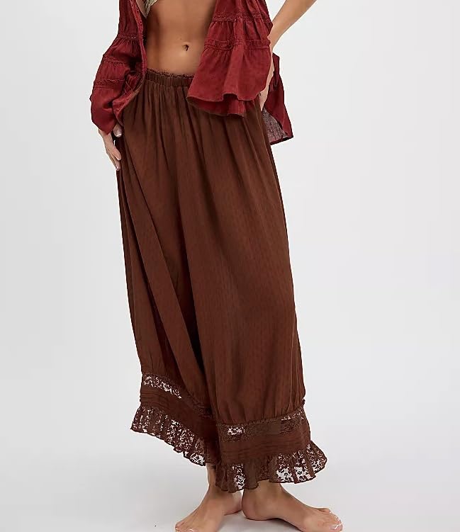 Image of UAURORAO Women Lace Trim Long Bloomers Elastic Mid Rise Ruffle Pantaloons Cropped Flared Slips Pants Pajama Bottoms