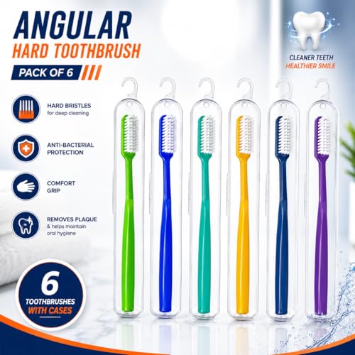 Image of MAXI Angular Hard Bristles Toothbrush with Anti-Bacterial Travel Case | Big Brush Head for Deep Plaque Removal & Stain Cleaning | Multicolor Pack of 6