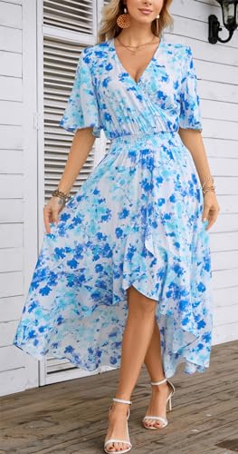 Image of Kormei Women Short Sleeve V Neck Floral High Low Flowy Summer Party Long Maxi Dress