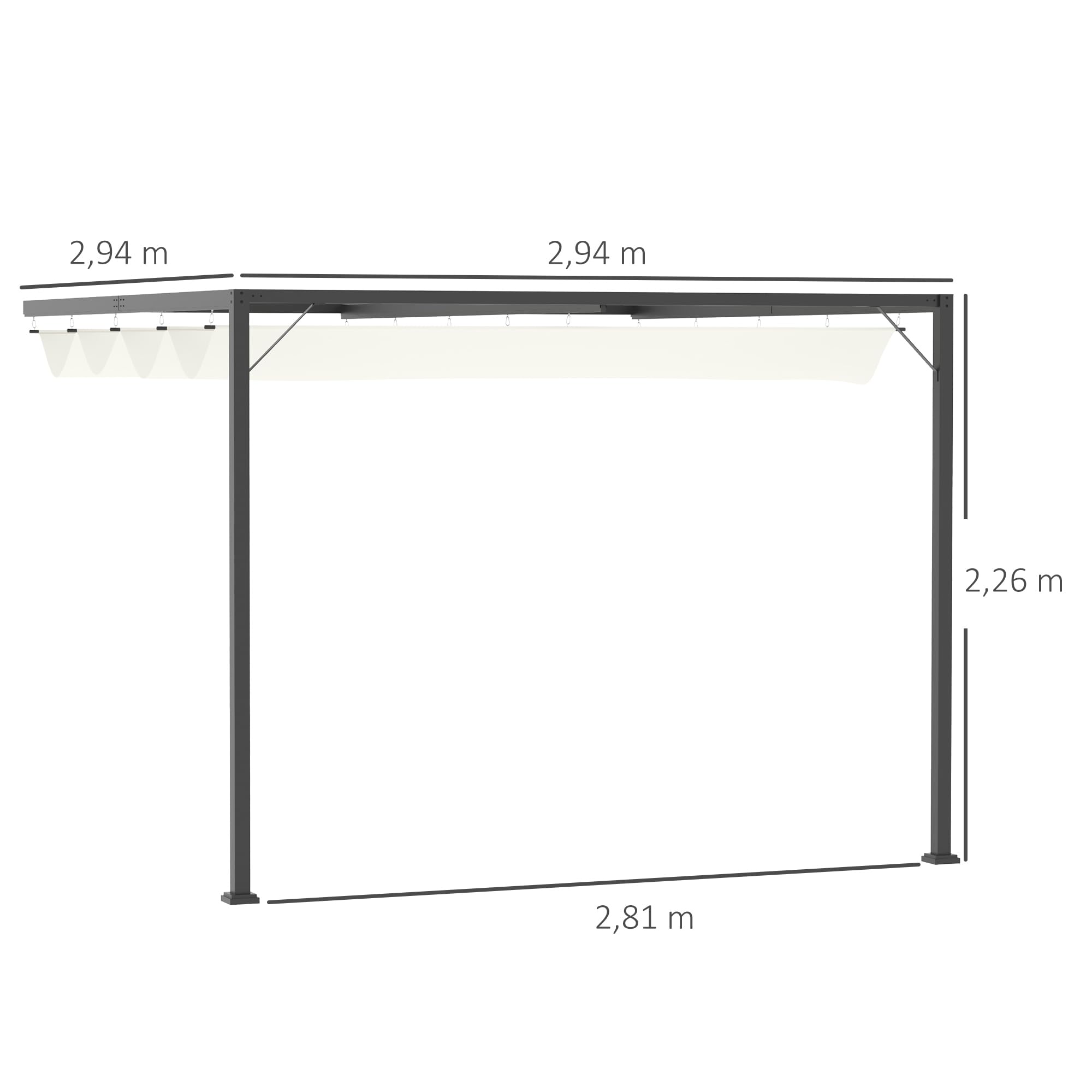 Outsunny Pergola adossable Retractable dim. 3L x 3l x 2,3H m pavillon de Jardin Toile Polyester Haute densité crème Structure métal époxy Gris