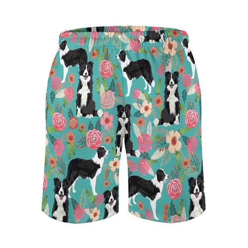 Border Collie Florals Mens Swim Trunks Quick Dry Hawaii Bathing Suit Board Shorts with Mesh Lining-3