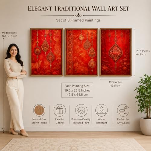 Image of Livin'luxe Set of 3 Red Ethnic Ornament Wall Paintings for Living Room Bedroom Home Decor with Premium Wooden Color Synthetic Frame (25.5 x 19.5 Inch) NM03-96