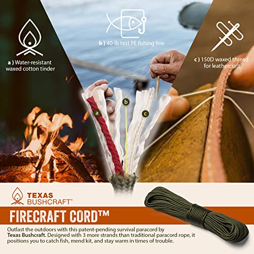 Texas Bushcraft Firecraft Cord - Utility Paracord Survival Rope, Parachute Cord for Survival Gear – 3 Extra Strands for Emergency Preparedness Fishing, Sewing and Tinder (Army Green, 25 ft) - Image 6