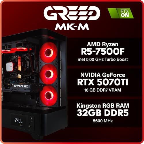 Greed® MKM - High End Gaming PC – AMD Ryzen 5 7500F + Nvidia Geforce RTX 5070Ti 16 GB - 4K & raytracing Computer - 5,0 GHz - RGB Desktop met waterkoeling - 32 GB DDR5 RAM - 1 TB SSD + Windows 11 Pro - Afbeelding 3