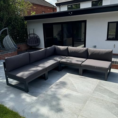 5-Seater L-Shape Sofa | Aluminum Garden Sofa Set – Sleek Dark Grey Outdoor Garden Furniture with Cushioned Comfort | Modern, Spacious, and Durable Design for Patios & Gardens