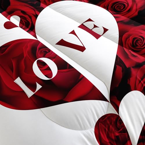 Image of AILONEN 3-Piece Red Rose Comforter Set Queen Size,Red and White Lover Hearts Printed Bedding Set for Room,Romantic Flower Soft Microfiber Comforter with 2 Pillowcases