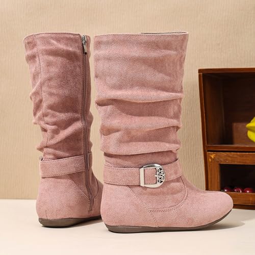 Mid Calf Boots for Girls Soft Slouchy Flat to Low Heel Under Knee High Boot Buckle Zipper Cute Round Toe Riding Boot Girl's Slouchy Slip On Casual Boots4