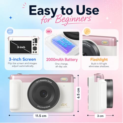 Image of 4K Digital Camera 75MP Autofocus Vlogging Camera, WiFi Compact Point and Shoot Camera 3 Inch 180Flip Screen, 16X Zoom Anti-Shake 32GB SD 2500mAh Battery for YouTube Teens Beginners Travel Photography