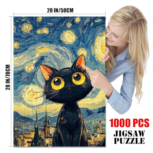 Puzzle de 1000 Piezas para Adultos, Gato Negro Noche Estrellada, Arte de Pintura al Óleo Inspirado en Van Gogh, Puzzle de Animalito para Juego Familiar y Decoración del Hogar (MZ408) miniatura 2