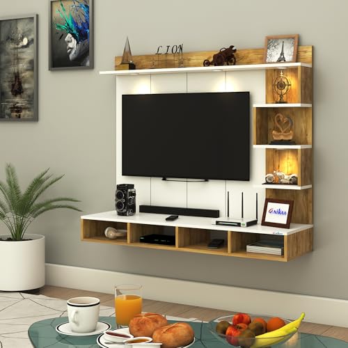 Image of Anikaa Kasey Engineered Wood Wall-Mount TV Unit with PVC Back Panel & LED Lights | TV Cabinet with Storage Box & Decorative Shelves (Gaintwood /White) Ideal for TVs up to 55 Inch | DIY Installation