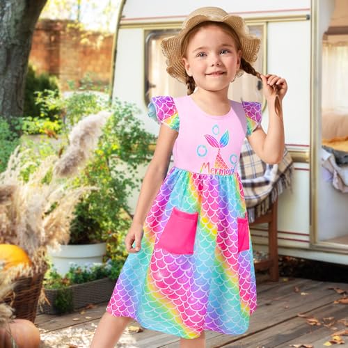 Little Toddler Girls Dress Flutter Sleeve Cute Mermaid Dinosaur Floral Summer Dresses Sundress with Pocket 2-7 Years4
