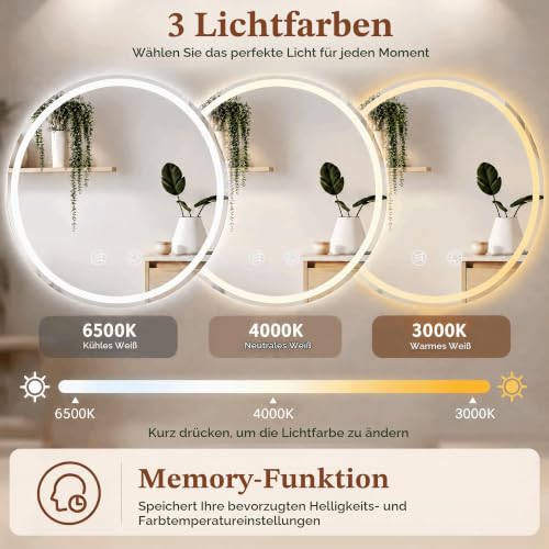 Clevich Runder Badspiegel mit Beleuchtung 80 cm, LED Wandspiegel – Ansicht 3