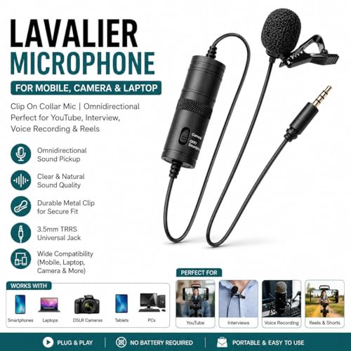 Image of Buyer Junction Lavalier Microphone with 3.5mm AUX Jack | Clip On Collar Mic for YouTube, Interview, Voice Recording & Reels