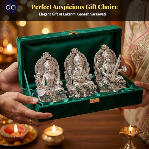Image of Premium Silver-Plated Lakshmi Ganesh Saraswati Murti | Ganesh Laxmi Idol Statue for Home Temple| Pooja Room | Office Desk | Mandir Decor | Diwali | Housewarming | Wedding Gift | 3.7 Inch
