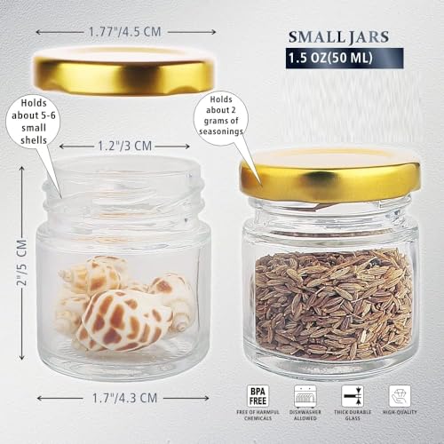 Image of EVATTA Small Glass Jars with lid 50 ml - 108 Pieces Clear | Round Shape | Golden Airtight Metal Lid | mini glass jars | Mini Mason Jars for Candle Making Gifts Wedding Spice Jars Party Favors