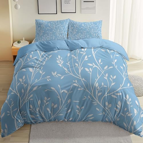 Funda Nordica Cama 90 150 x 220 cm, Lineal Botánico Ramas de Sauce 100% Microfibra Suave Azul Ropa Cama con Estampado Moderno - Concealed Zip, Corner Belt Design