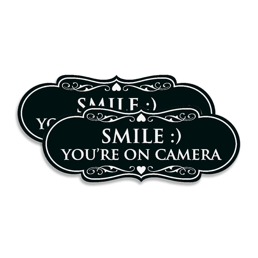 Signs ByLITA Designer Smile You're on Camera Sign - Easy Installation | Durable Wall or Door Sign (Black) - Large 2 Pack
