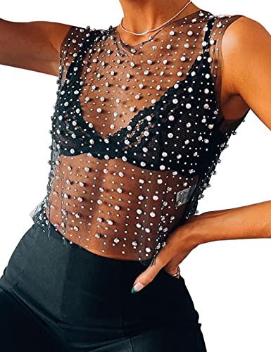 Meladyan Women Sexy Sheer Mesh Diamond Rhinestone Crop Tank See Through Hollow Out Sleeveless Crewneck Cropped Going Out Top