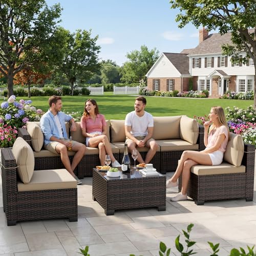 LEVELEVE 7 Pieces Outdoor Patio Furniture Sets,Rattan Conversation Sectional Set,Manual Weaving...
