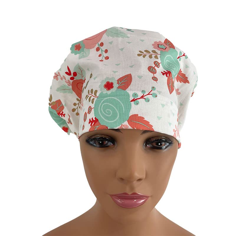 European Style Scrub Cap No Ribbon – White & Pastel Floral. - Scrub Hat for Women & Men tie Back | Working Cap with Holder. Unisex Surgical Caps, Nurses Hats | Dr. Hats