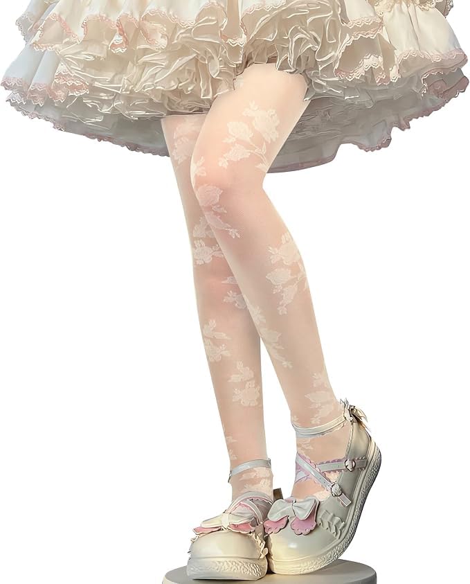 Image of Womens Sheer Tights Sexy Pantyhose Stockings Mesh Floral Patterned Lace Tights for Women Cosplay Party,Nude Roses