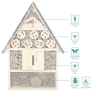 Navaris XL Wooden Insect Hotel - 9 x 16 x 3 Inches - Natural Wood Insect Home Bamboo Nesting Habitat - Garden Shelter for Bees, Butterflies, Ladybugs